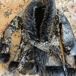 AKIRA Black and Silver Faux Fur Trimmed Coat